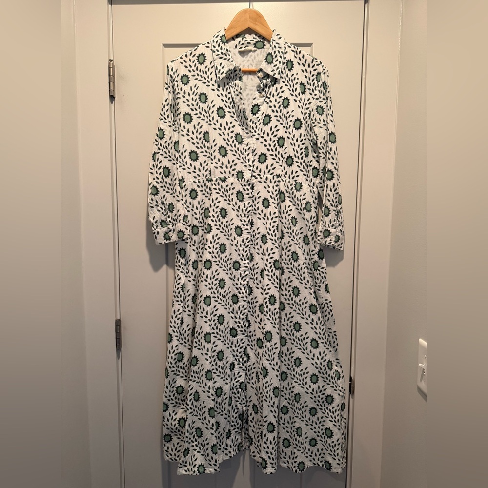 Julia Armory Green and White Midi Dress Large button front GUC